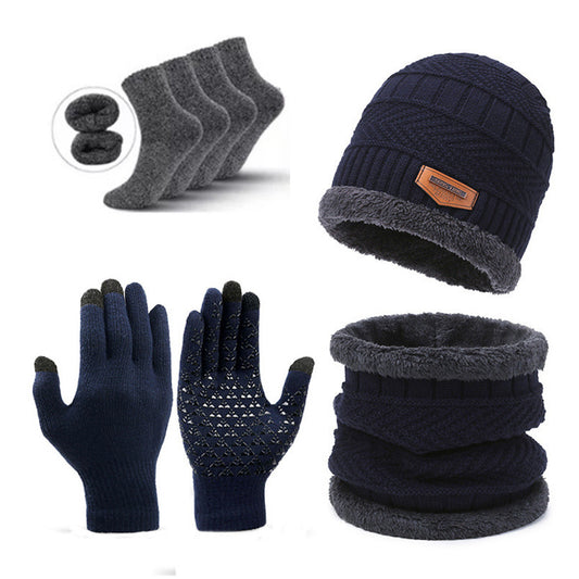 Dark Blue Men's 5-Piece Winter Essentials Set -  Lined Beanie Hat, Neck Warmer, Touchscreen Gloves & 2 Pairs Thermal Socks