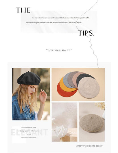 Khaki Elegant Wool Beret - Classic Warm Thick British Style Hat for Autumn & Winter