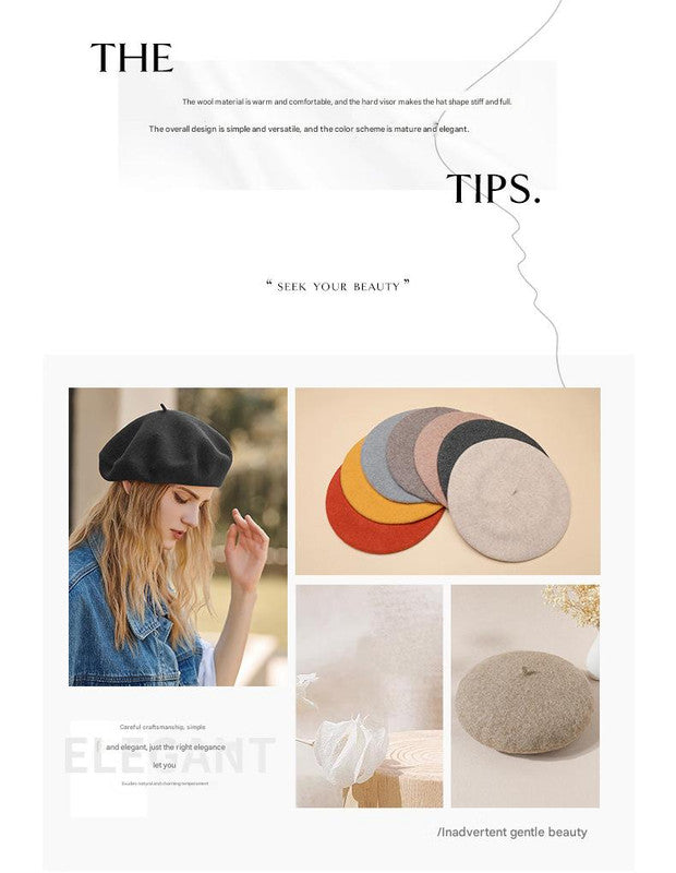 Beige Elegant Wool Beret - Classic Warm Thick British Style Hat for Autumn & Winter
