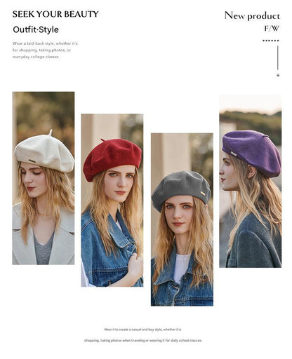 Beige Elegant Wool Beret - Classic Warm Thick British Style Hat for Autumn & Winter