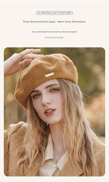 Blue Elegant Wool Beret - Classic Warm Thick British Style Hat for Autumn & Winter