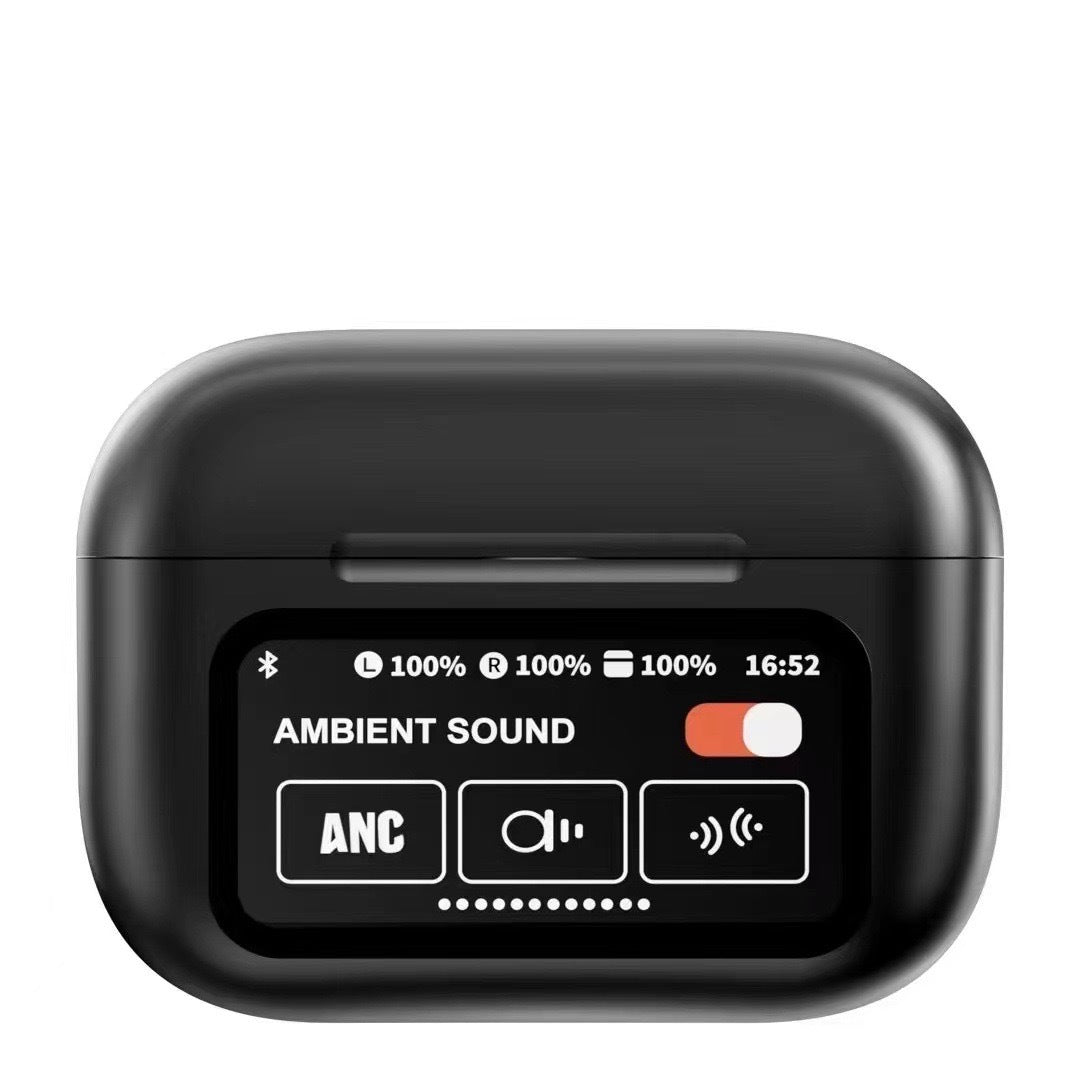Black AuraTune Pro: TWS Earbuds with Interactive LCD Case, ANC+ENC Noise Cancellation, AI Translation & EQ Modes