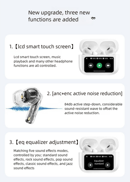 Black AuraTune Pro: TWS Earbuds with Interactive LCD Case, ANC+ENC Noise Cancellation, AI Translation & EQ Modes