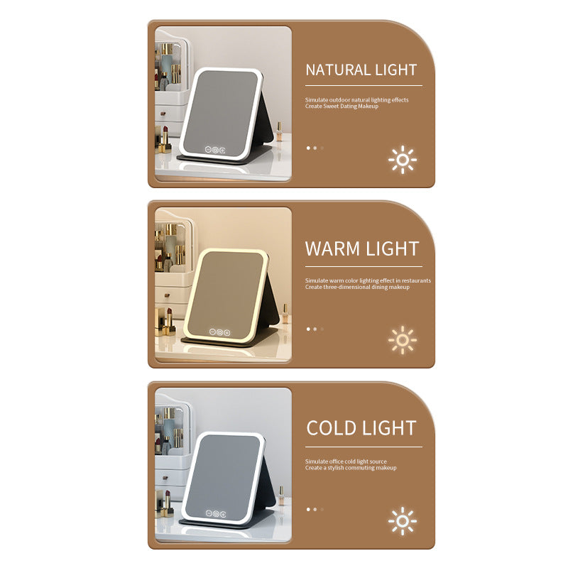 Black Large Foldable LED Makeup Mirror - Portable Desktop Vanity with 3 Color Lights, Stepless Dimming & Adjustable Stand