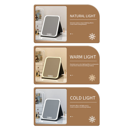 Black Large Foldable LED Makeup Mirror - Portable Desktop Vanity with 3 Color Lights, Stepless Dimming & Adjustable Stand