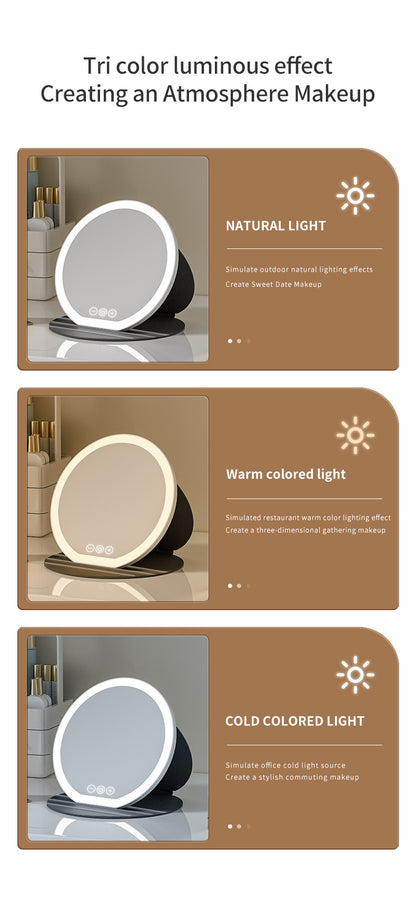 White Large Round Foldable LED Makeup Mirror - 22cm Desktop Vanity with 3 Color Lights & Stepless Dimming