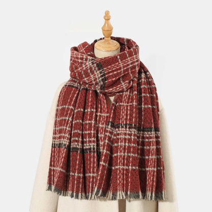 Red Chic Plaid Winter Scarf - Large Soft Polyester Shawl Wrap with Tassels, Korean Inspired Fashion