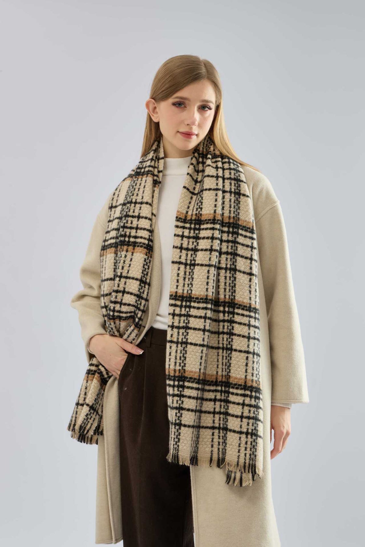 Green Chic Plaid Winter Scarf - Large Soft Polyester Shawl Wrap with Tassels, Korean Inspired Fashion