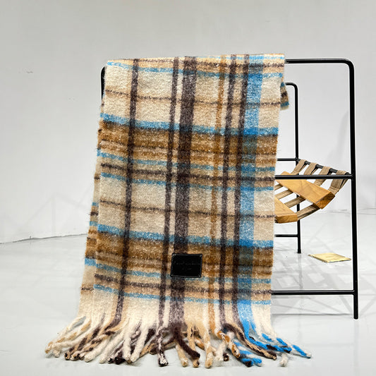 Yellow Blue Plaid Color-Block Women's Scarf - Autumn/Winter Thick Warm Neck Wrap with Tassels