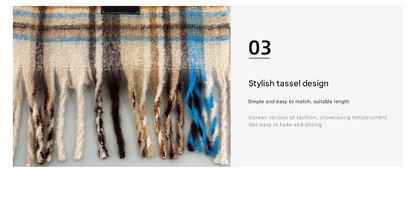 Yellow Blue Plaid Color-Block Women's Scarf - Autumn/Winter Thick Warm Neck Wrap with Tassels