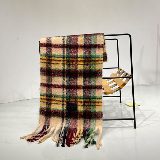Red-yellow Plaid Color-Block Women's Scarf - Autumn/Winter Thick Warm Neck Wrap with Tassels