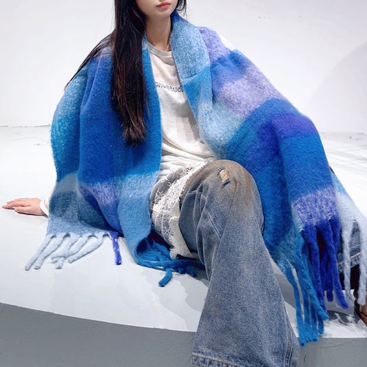 Blue Classic Plaid Faux Cashmere Winter Scarf - Warm and Stylish 50 x 180 cm Design