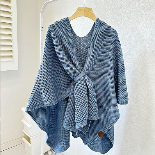 Blue Luxurious Faux Cashmere Knitted Cape - Large Buckled 90 x 140 cm Women's Versatile Shawl
