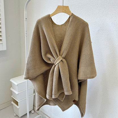 Camel-hair Color Luxurious Faux Cashmere Knitted Cape - Large Buckled 90 x 140 cm Women's Versatile Shawl