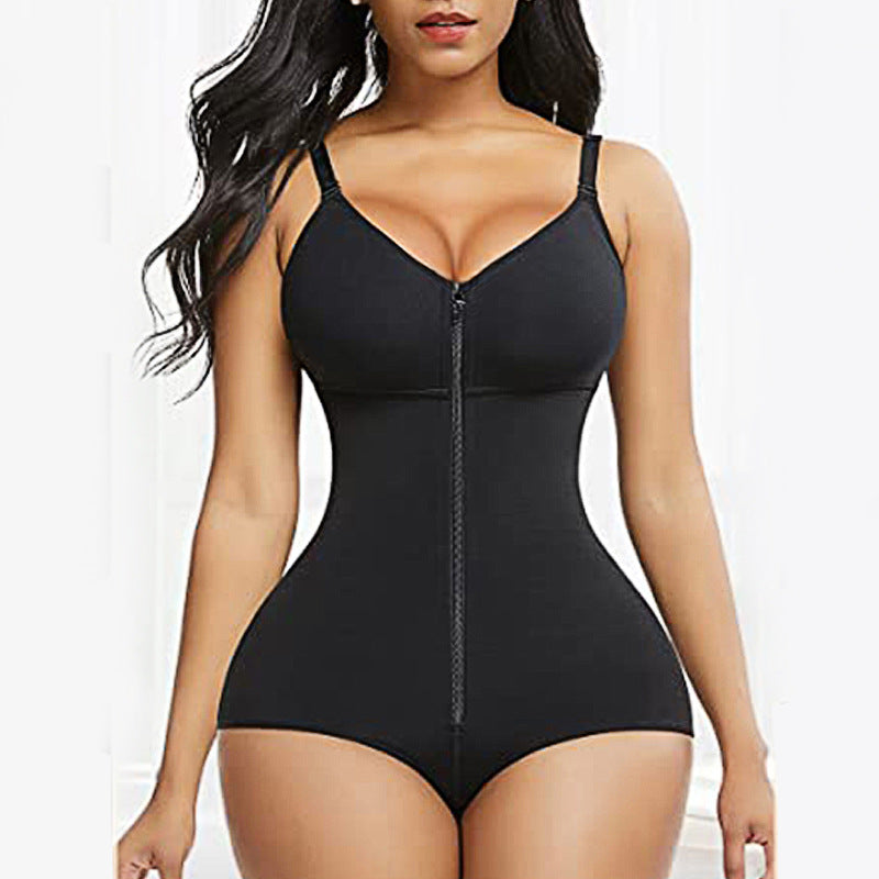 4XL Black Women's Seamless Body-Shaping Onesie with Zipper - Abdomen Slimming and Hip Lifting