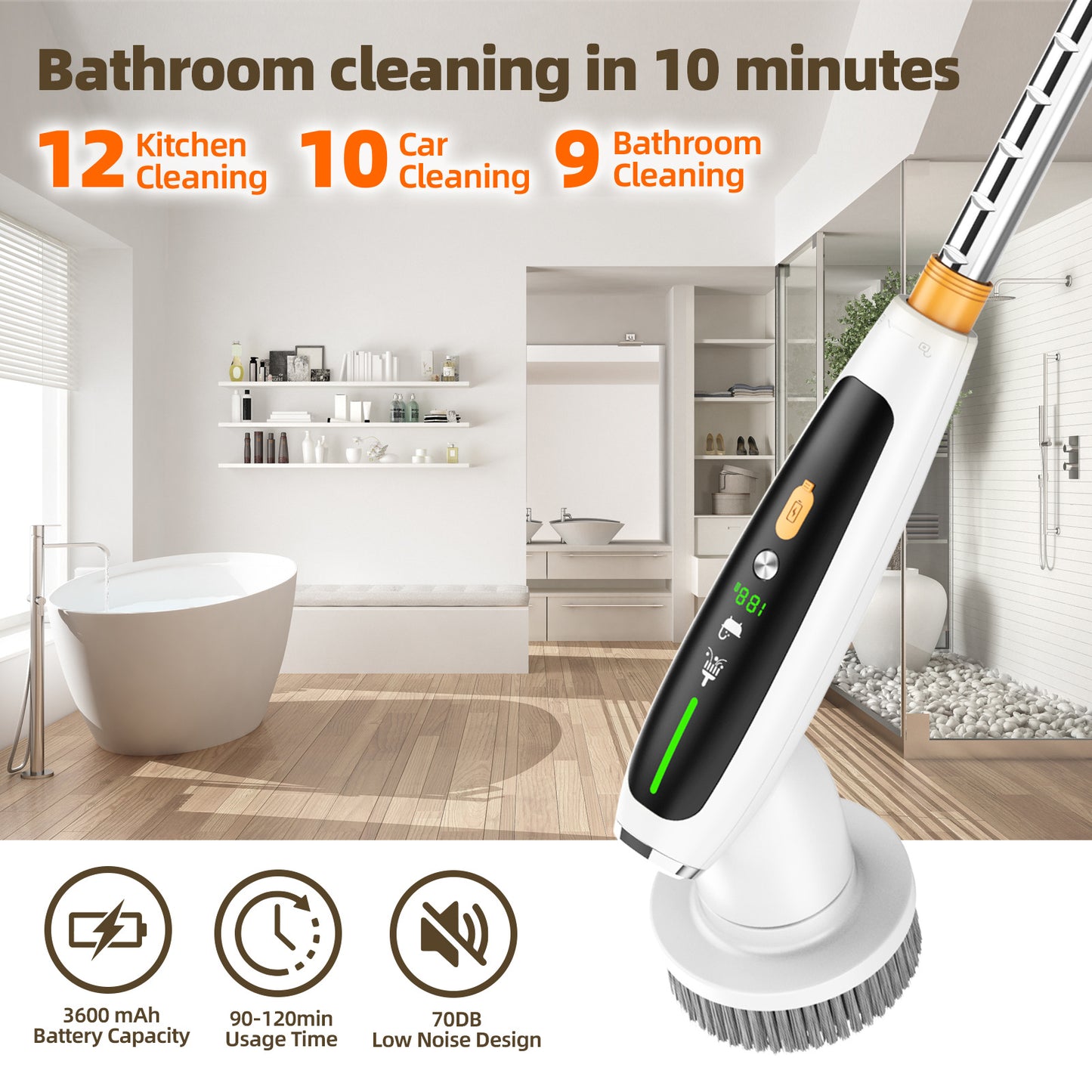 Black Powerful Torque Silent Extendable Smart-Sensing Electric Cleaning Brush