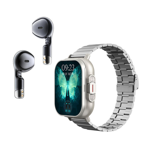 Silver Steel 2-in-1 Bluetooth Smartwatch with Integrated Earbuds for Sports