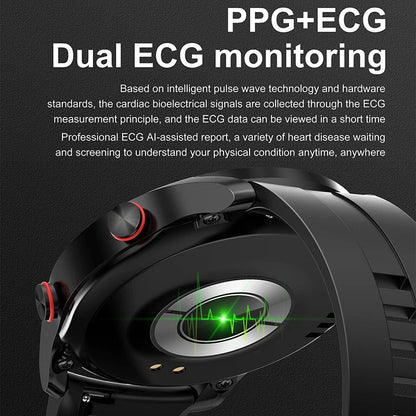 Black Silicone +22MM Black Mitsubishi Steel Strip Business Smartwatch with ECG and PPG Monitoring and Stainless Steel Strap