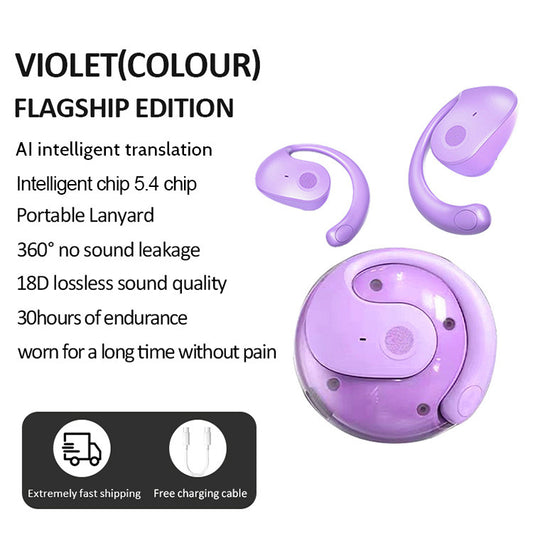Purple T2 AI Smart Translation Earbuds - Open-Ear OWS Bluetooth 5.4 Headphones with Simultaneous Interpretation & IPX4 Waterproof