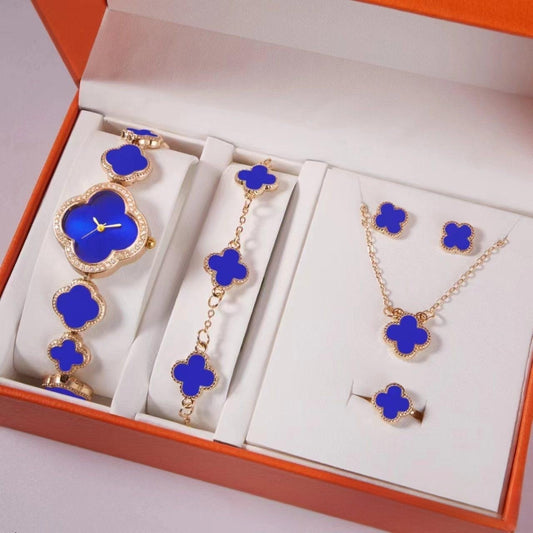 Elegant 5-Piece Women's Jewelry & Watch Set - Crystal Accented Heart Design(Blue)