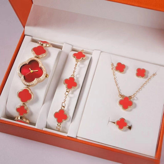 Elegant 5-Piece Women's Jewelry & Watch Set - Crystal Accented Heart Design(Red)