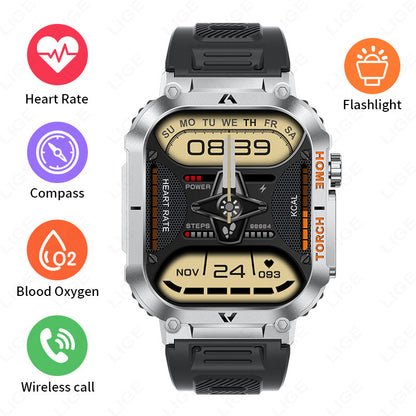 Smartwatch with Flashlight, Compass & Wireless Calling - Health & Fitness Tracker(Black silicone with silver case)