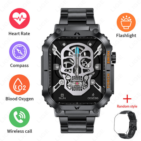 Smartwatch with Flashlight, Compass & Wireless Calling - Health & Fitness Tracker(Black case with black steel + black silicone)