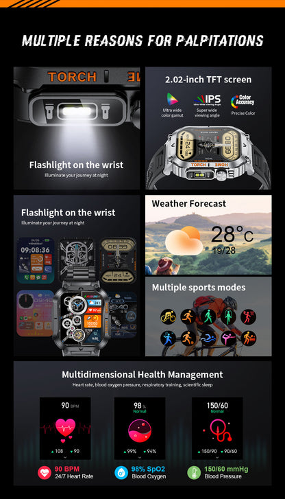 Smartwatch with Flashlight, Compass & Wireless Calling - Health & Fitness Tracker(Black case with black steel + black silicone)