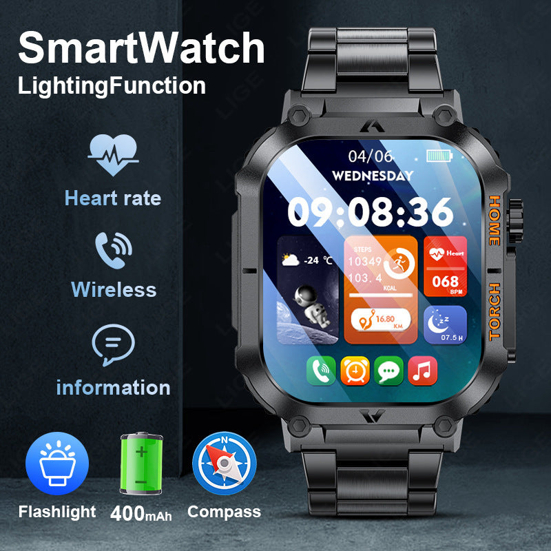 Smartwatch with Flashlight, Compass & Wireless Calling - Health & Fitness Tracker(Silver case with silver steel + black silicone)
