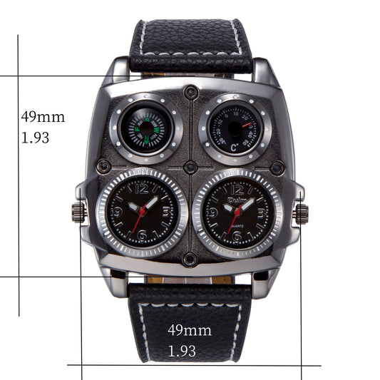 Men's Multi-Dial Sports Watch - Dual Time Zone, Compass, Thermometer, Luminous Hands(Pure black)