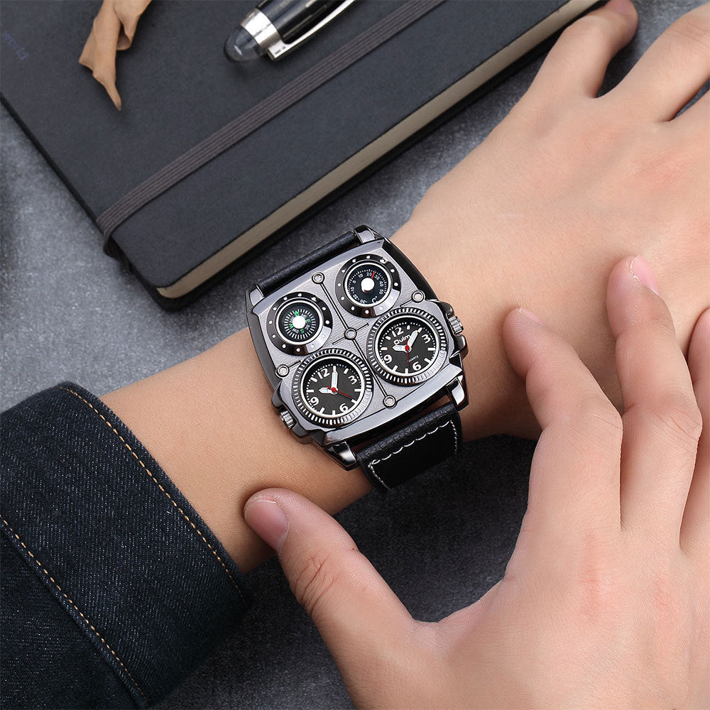 Men's Multi-Dial Sports Watch - Dual Time Zone, Compass, Thermometer, Luminous Hands(Pure black)