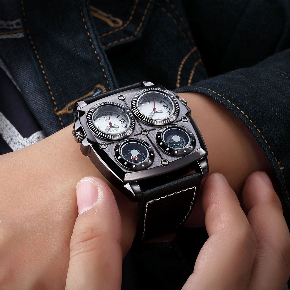 Men's Multi-Dial Sports Watch - Dual Time Zone, Compass, Thermometer, Luminous Hands(Pure black)