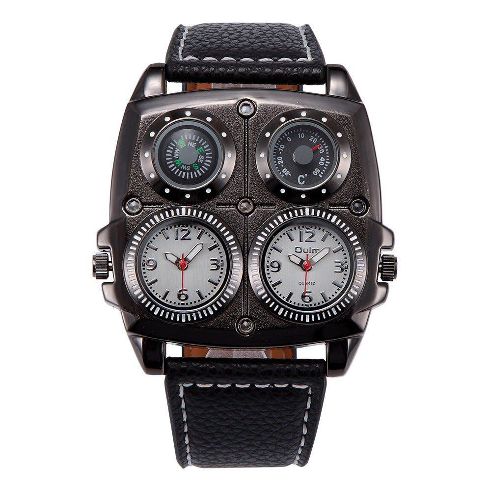 Men's Multi-Dial Sports Watch - Dual Time Zone, Compass, Thermometer, Luminous Hands(Black and white)