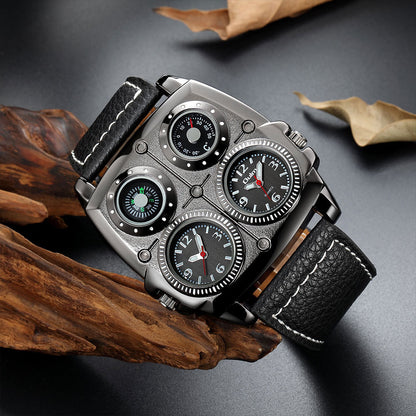 Men's Multi-Dial Sports Watch - Dual Time Zone, Compass, Thermometer, Luminous Hands(Black and white)
