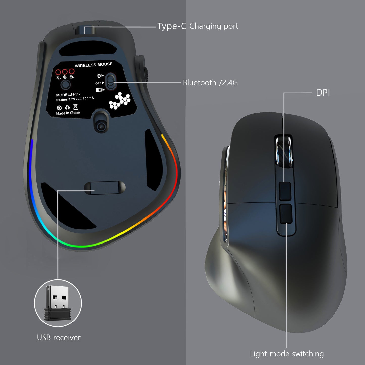 Ergonomic Vertical Wireless Mouse - Dual Mode (2.4G + Bluetooth), RGB Light, Rechargeable 500mAh Battery(black)