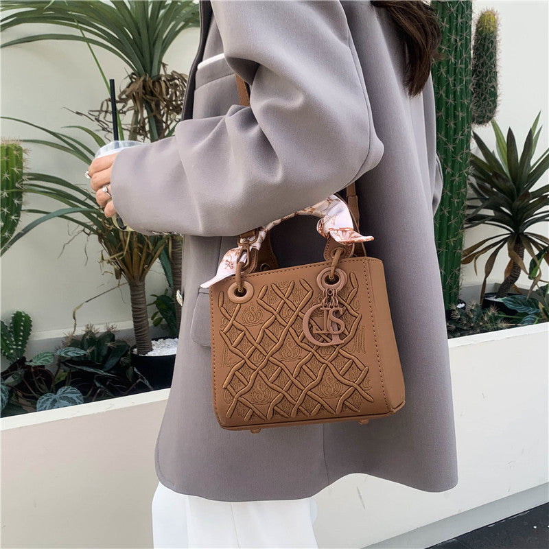 Elegant Embossed PU Leather Handbag with Scarf Detail - Versatile Top-Handle & Crossbody Bag(black)