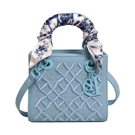 Elegant Embossed PU Leather Handbag with Scarf Detail - Versatile Top-Handle & Crossbody Bag(blue)