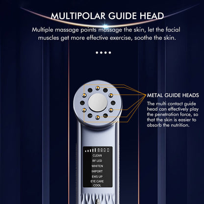 Multi-Functional Facial Beauty Device - Ultrasonic, EMS, RF LED, Cool Therapy & Eye Care(blue)