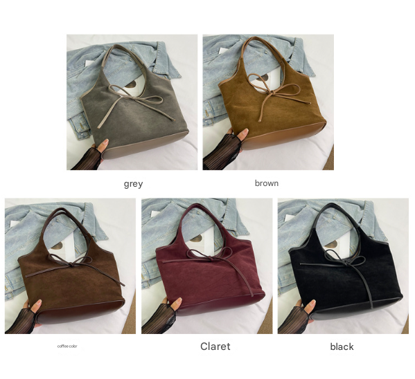 Coffee Chic Retro Suede-Finish PU Leather Tote Bag - Large Capacity Shoulder Bag with Tie Accent