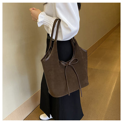 Coffee Chic Retro Suede-Finish PU Leather Tote Bag - Large Capacity Shoulder Bag with Tie Accent