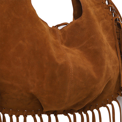 Green Boho Chic Fringed Hobo Bag - Large Capacity Soft Faux Suede Shoulder Tote with Tassel Detail
