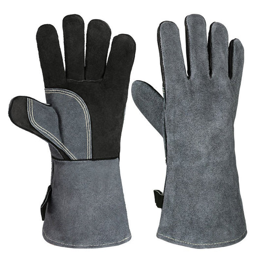 Black-grey 14-Inch Premium Leather BBQ Gloves - Heat-Resistant Up to 500 Degree