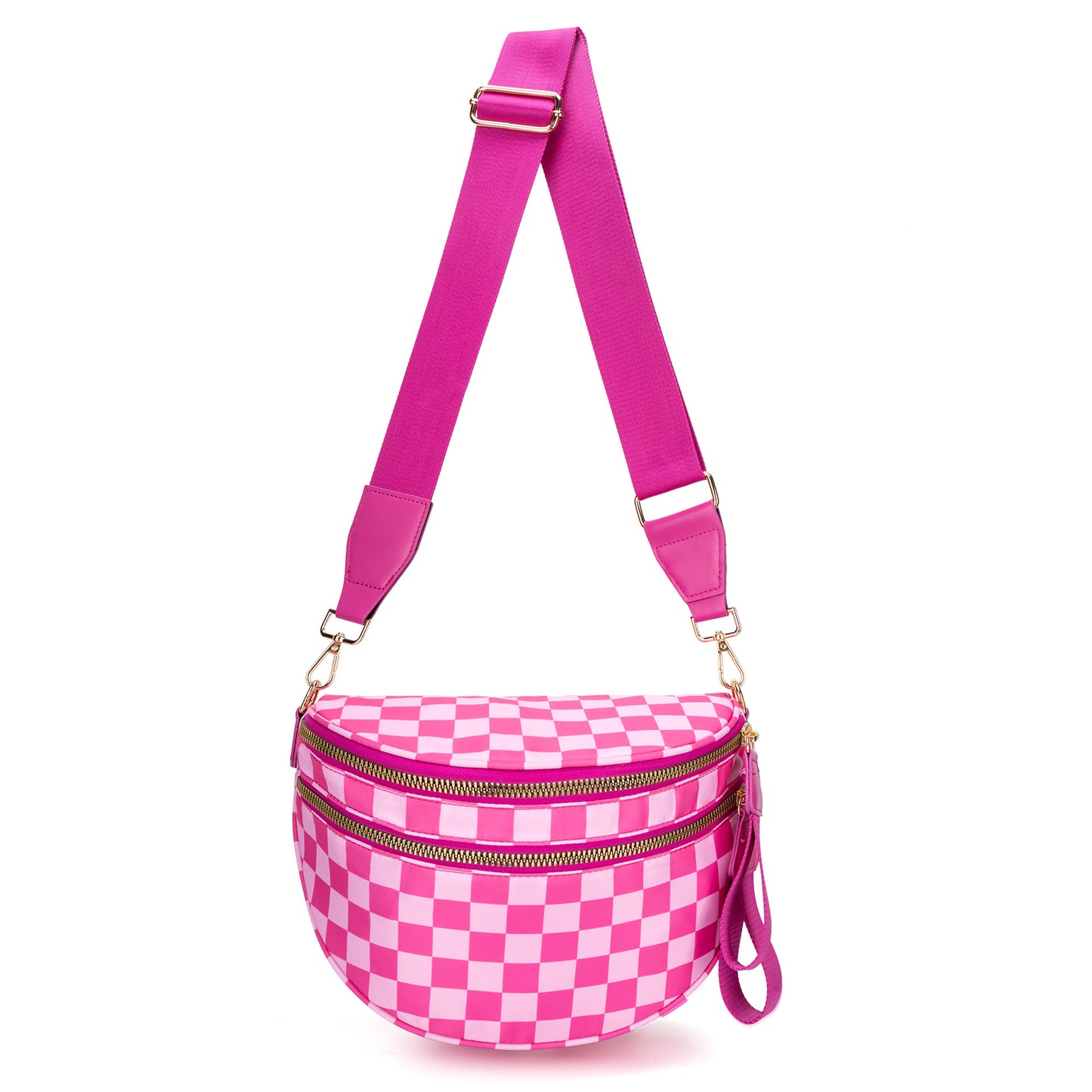 Rose Red Checkered Trendy Sling Bag - Women's Crescent Crossbody Purse with Wide Adjustable Strap