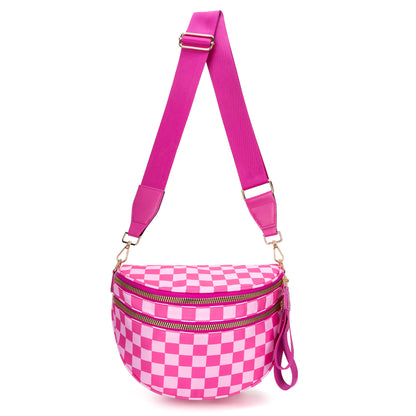 Rose Red Checkered Trendy Sling Bag - Women's Crescent Crossbody Purse with Wide Adjustable Strap