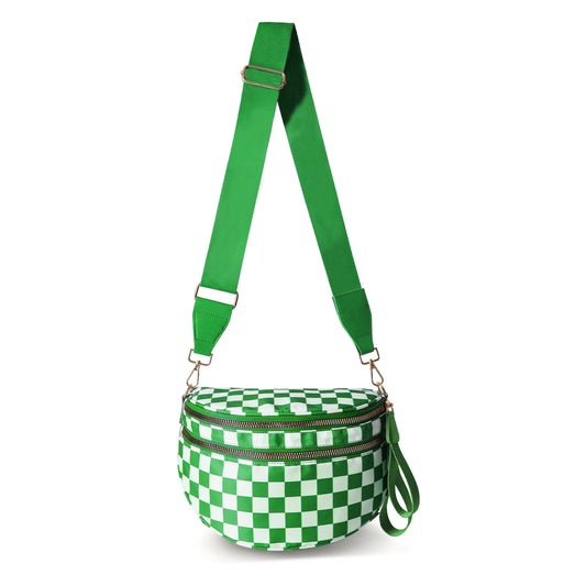 Green Checkered Trendy Sling Bag - Women's Crescent Crossbody Purse with Wide Adjustable Strap