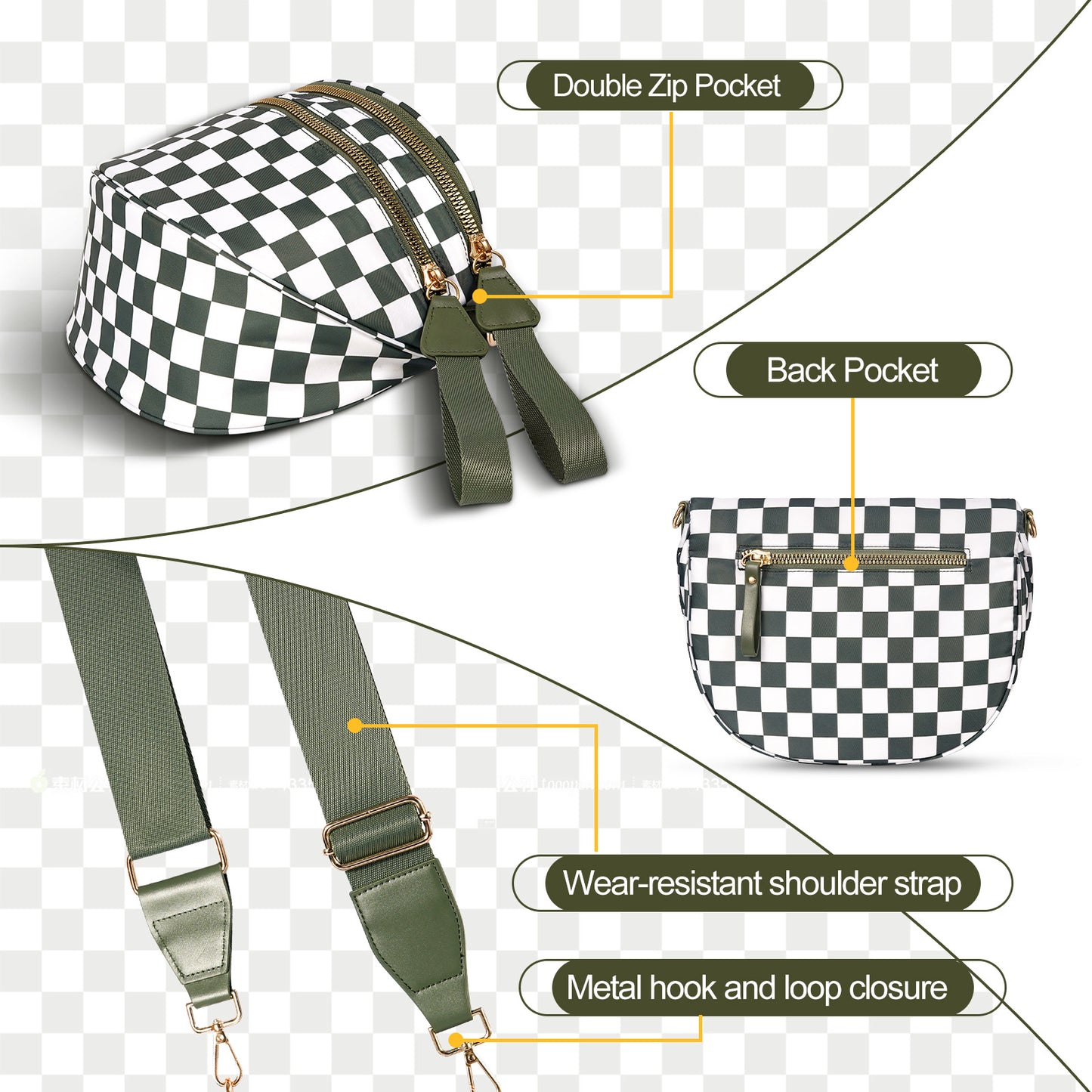 Green Checkered Trendy Sling Bag - Women's Crescent Crossbody Purse with Wide Adjustable Strap