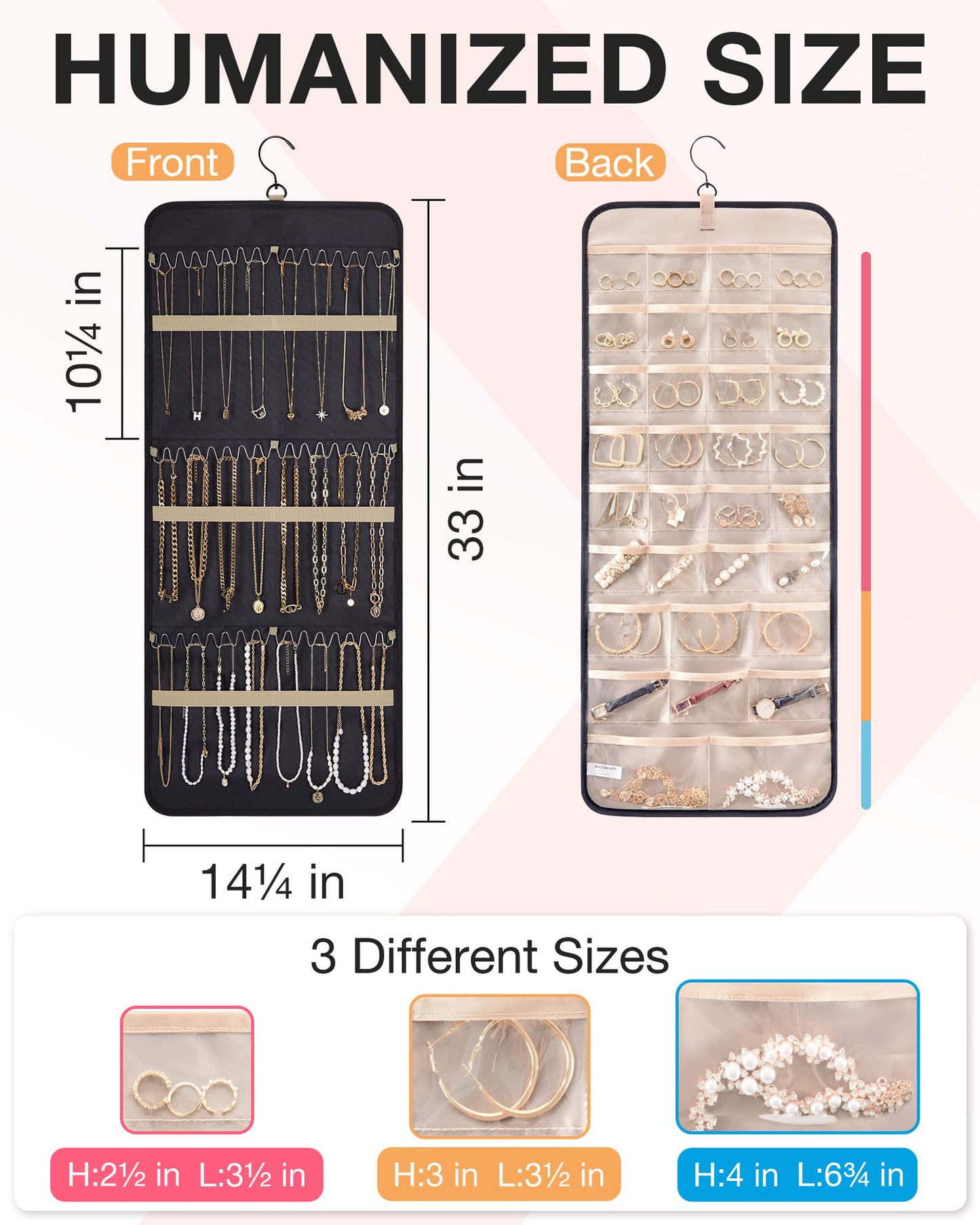 Pink Hanging Jewelry Organizer - Closet Storage for Necklaces, Earrings, and Rings with Clear Pockets(14*33inch)