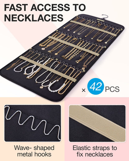 Pink Hanging Jewelry Organizer - Closet Storage for Necklaces, Earrings, and Rings with Clear Pockets(14*33inch)