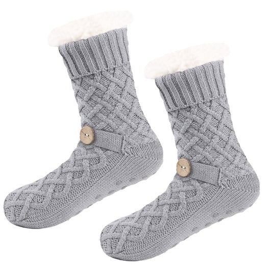 Grey Women's Cozy Cable Knit Slipper Socks - Plush Fleece Lined Thermal Socks with Non-Slip Grips