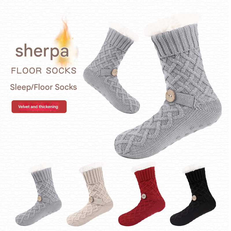 Khaki Women's Cozy Cable Knit Slipper Socks - Plush Fleece Lined Thermal Socks with Non-Slip Grips